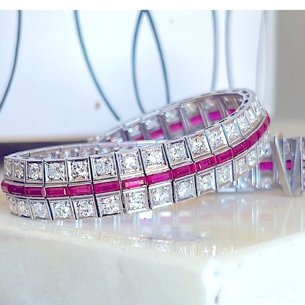 Platinum 5 carat diamond and Ruby bracelet - Picture 7 of 12